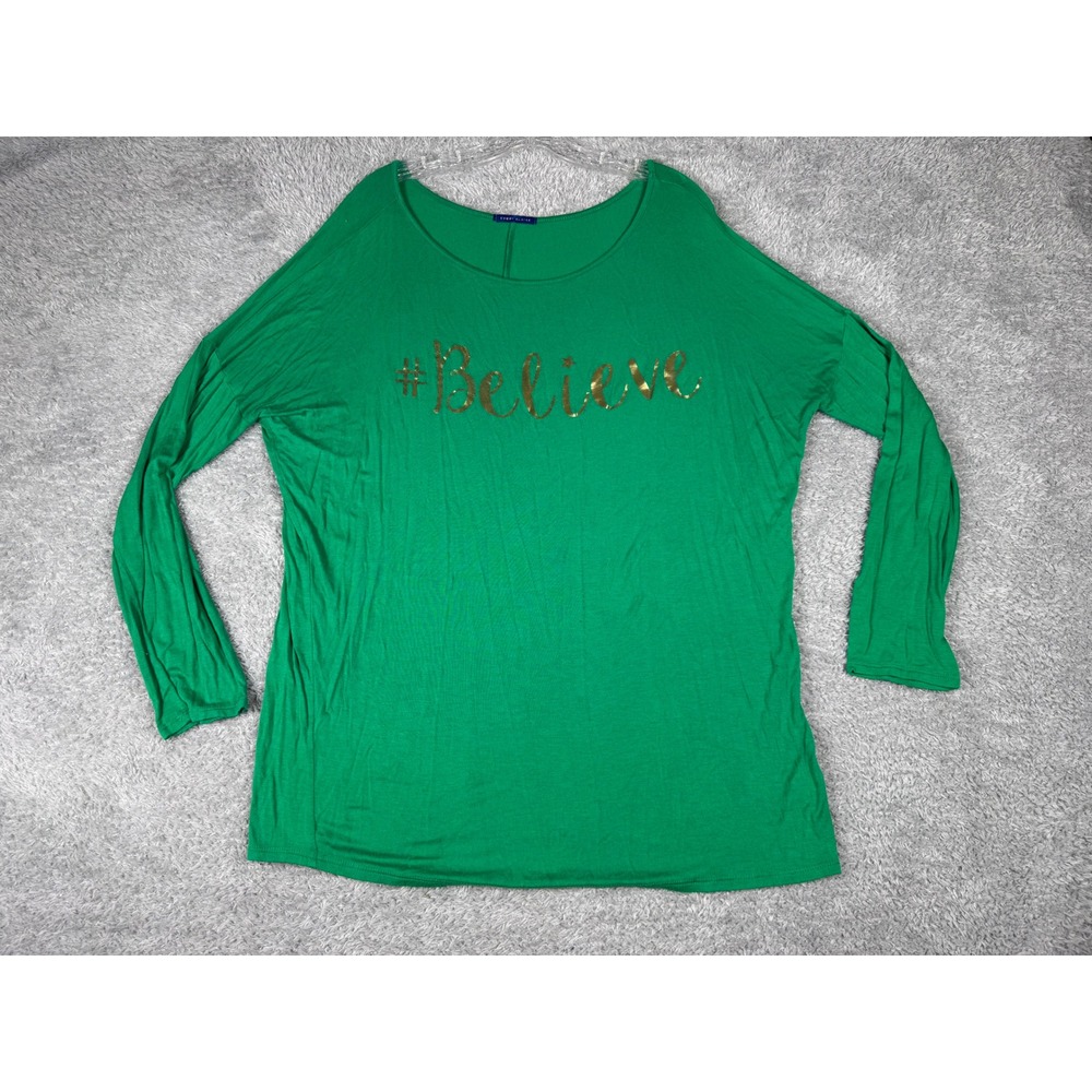 Sweet Claire Top Womens XL Green Excellent #Believe Gold Foil Long Sleeve Shirt